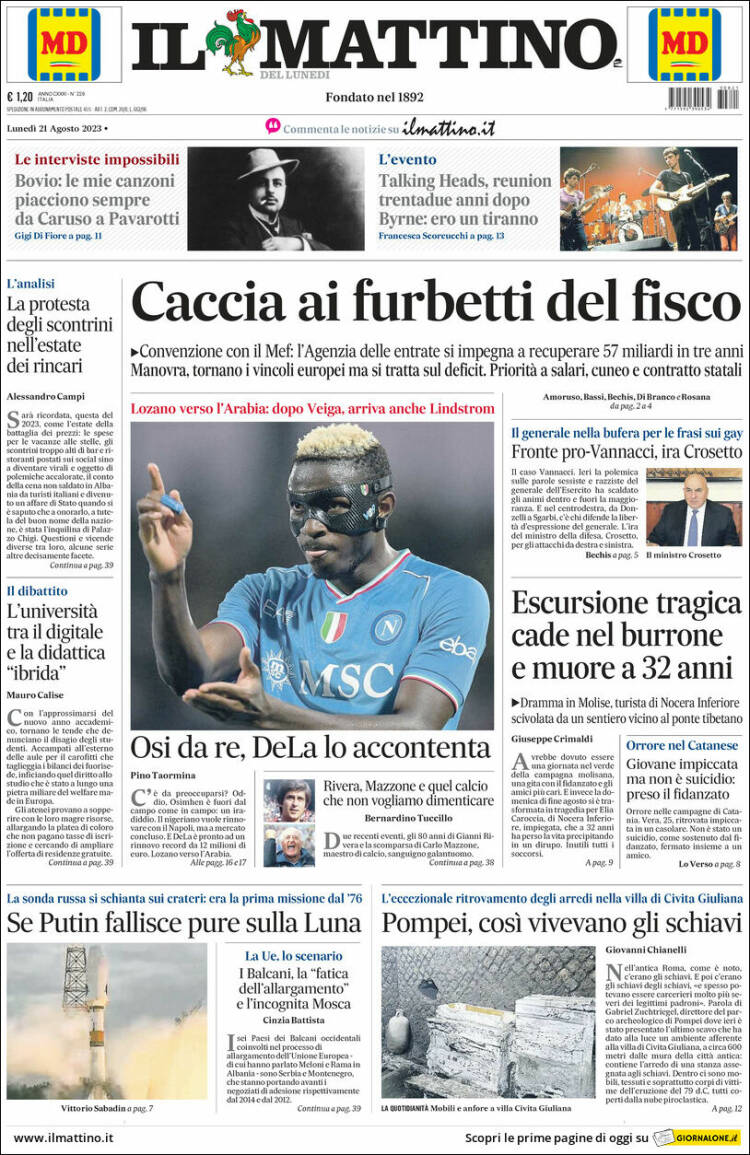 Portada de Il Mattino (Italia)