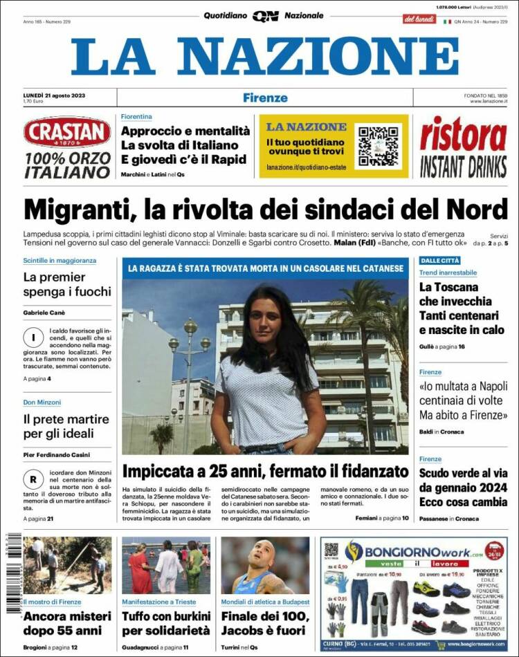 Portada de La Nazione (Italia)