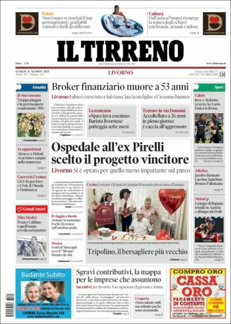 Portada de Il Tirreno (Italia)