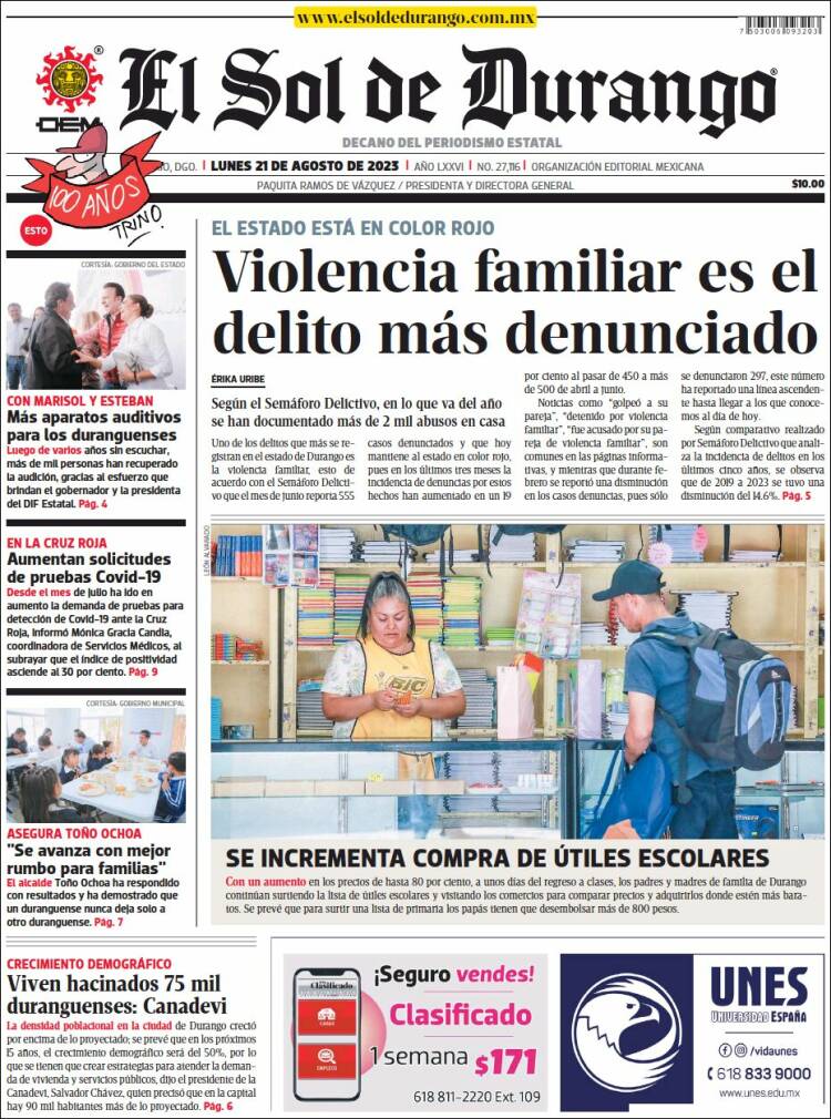 Portada de El Sol de Durango (Mexico)