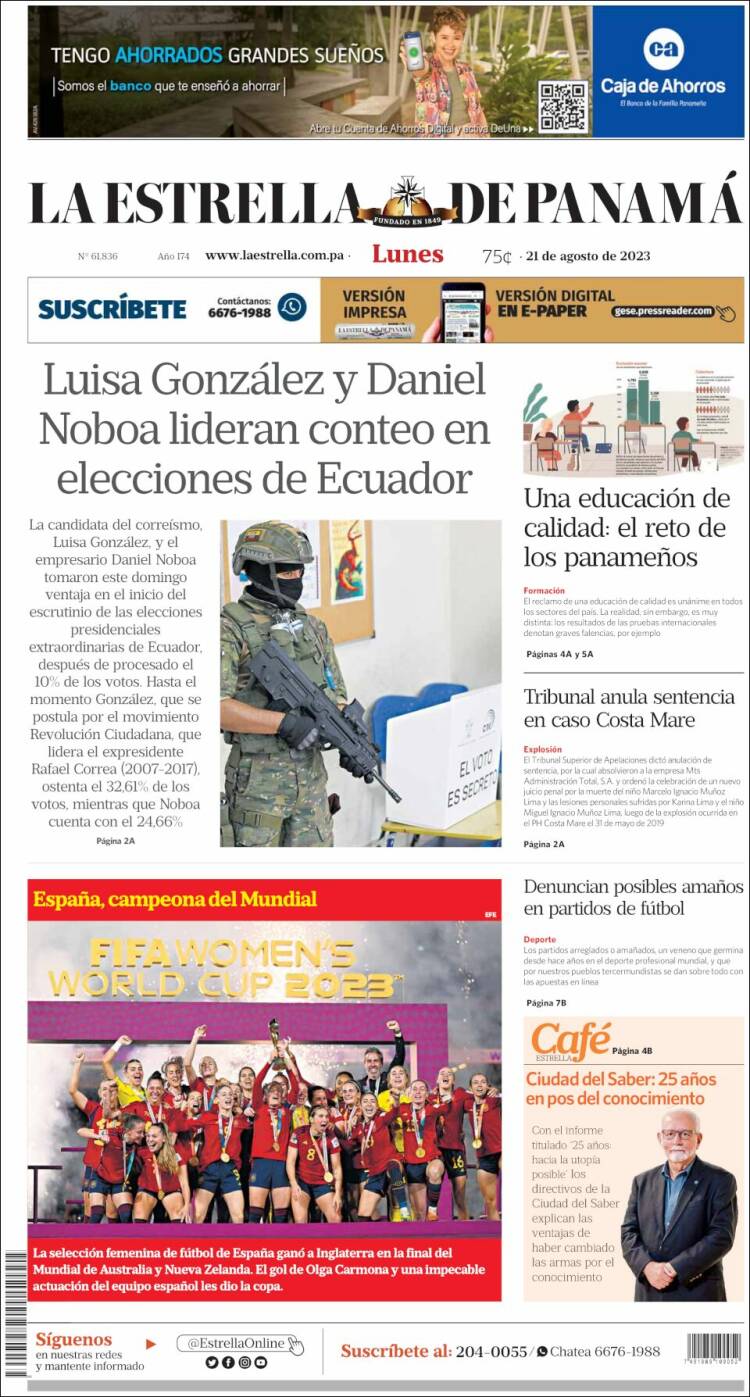 Portada de La Estrella de Panamá (Panam&aacute;)