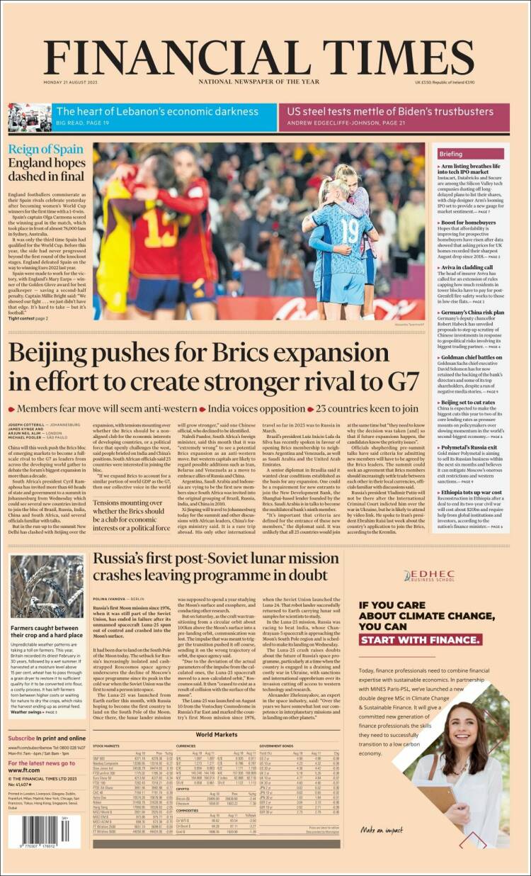 Portada de Financial Times (Reino Unido)