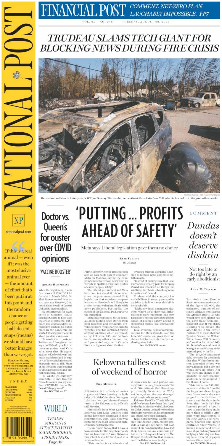 Portada de The National Post (Canadá)