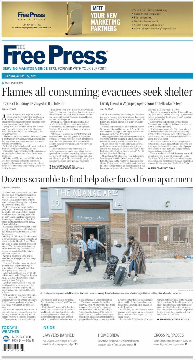 Portada de Winnipeg Free Press (Canadá)