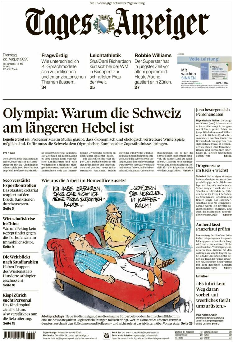 Portada de Tages-Anzeiger (Suiza)