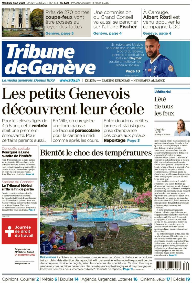 Portada de La Tribune de Genève (Suiza)