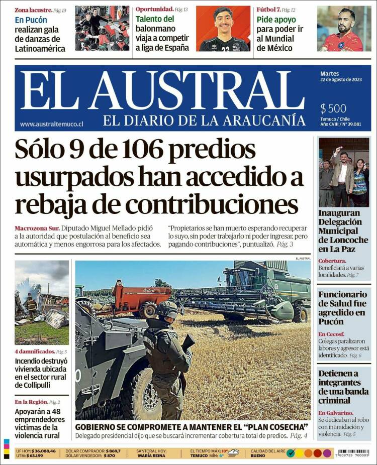 Portada de El Austral de Temuco (Chile)