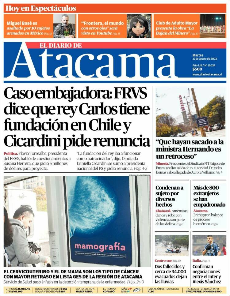 Portada de Diario de Atacama (Chile)
