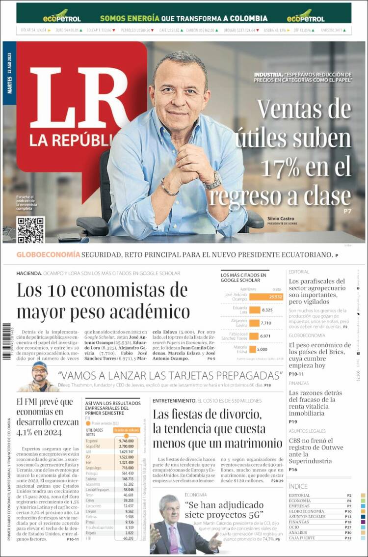Portada de La Republica (Colombia)