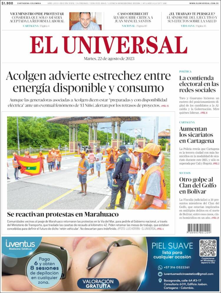 Portada de El Universal (Colombia)