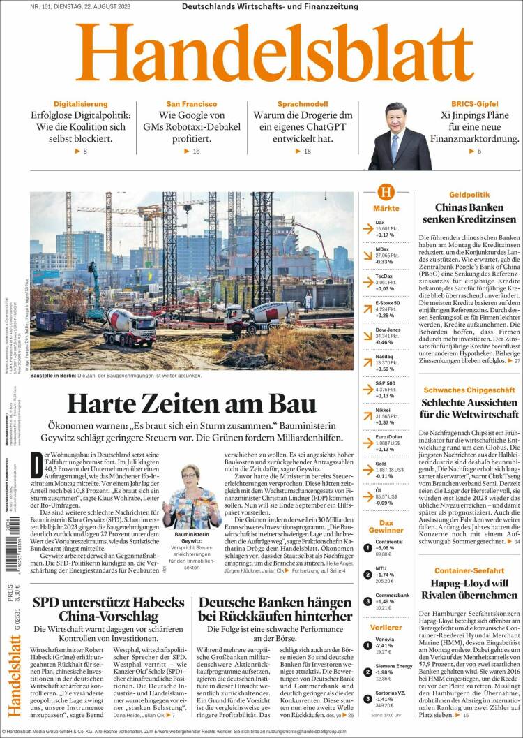 Portada de Handelsblatt (Alemania)