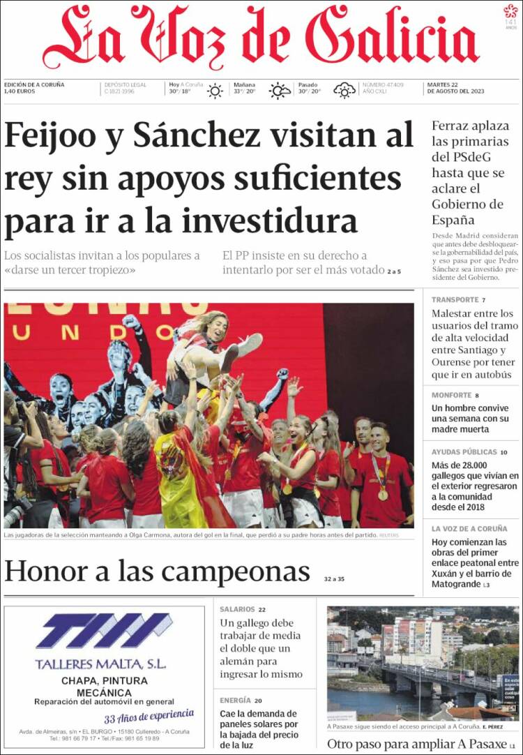 Portada de La Voz de Galicia (España)