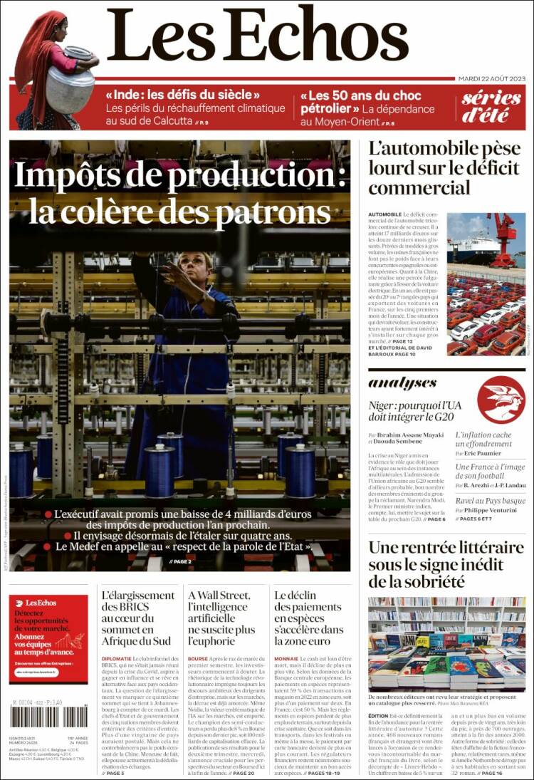 Portada de Les Echos (Francia)