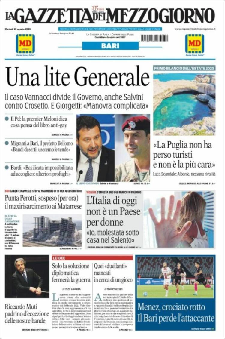 Portada de La Gazzetta del Mezzogiorno (Italia)