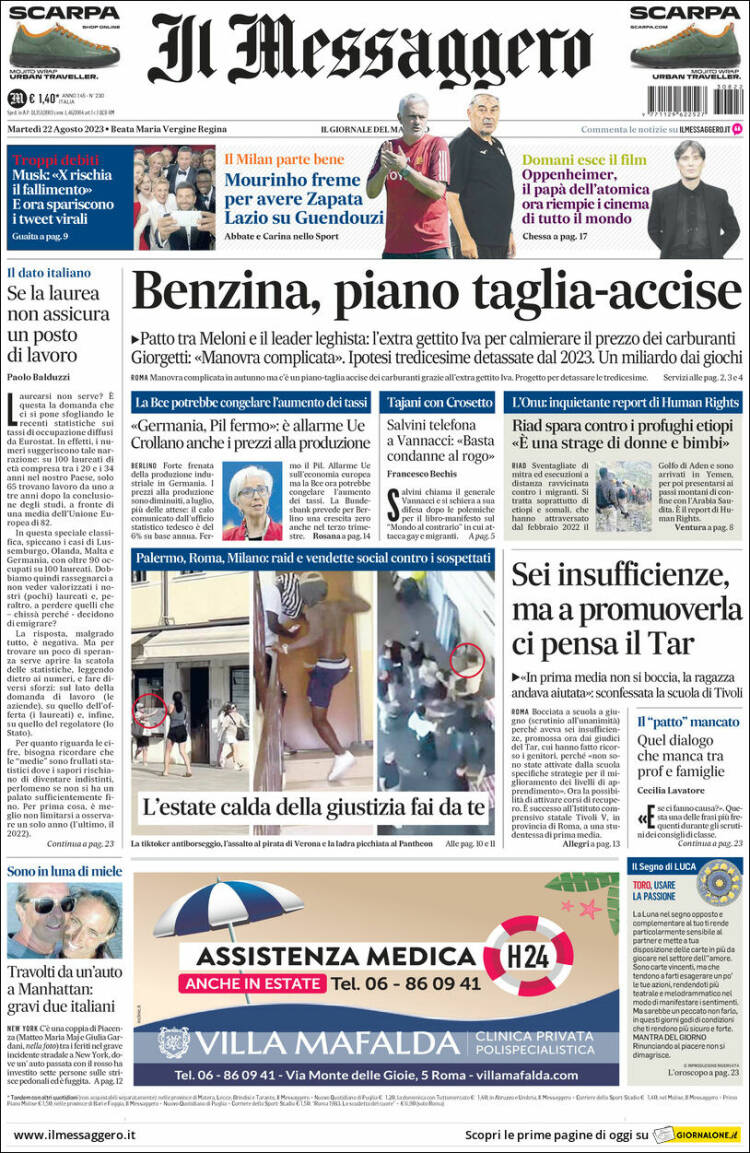 Portada de Il Messaggero (Italia)