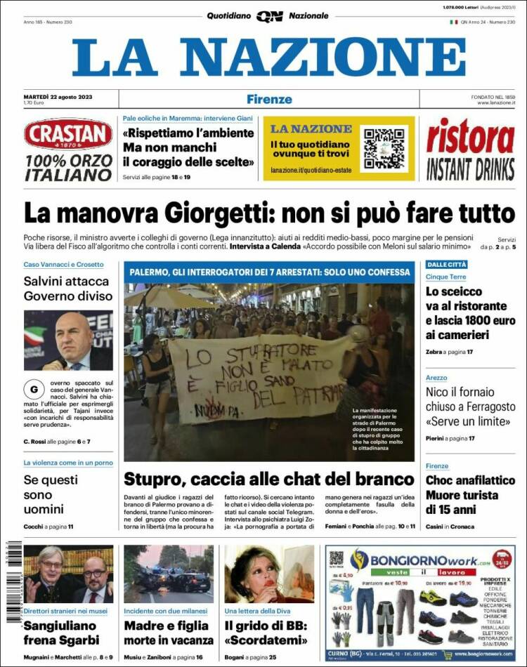 Portada de La Nazione (Italia)