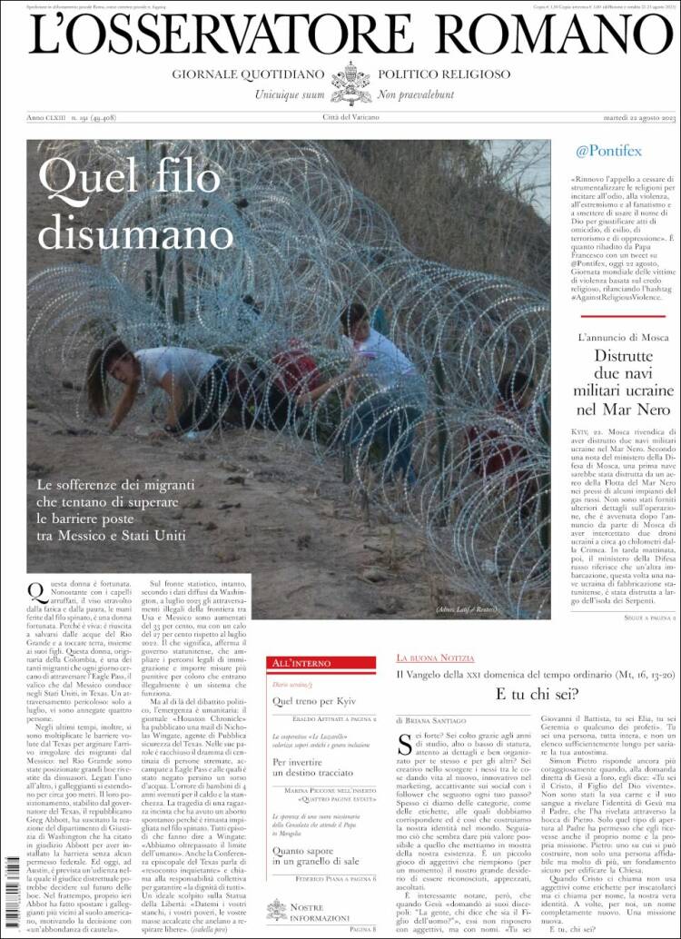 Portada de L'Osservatore Romano (Italia)