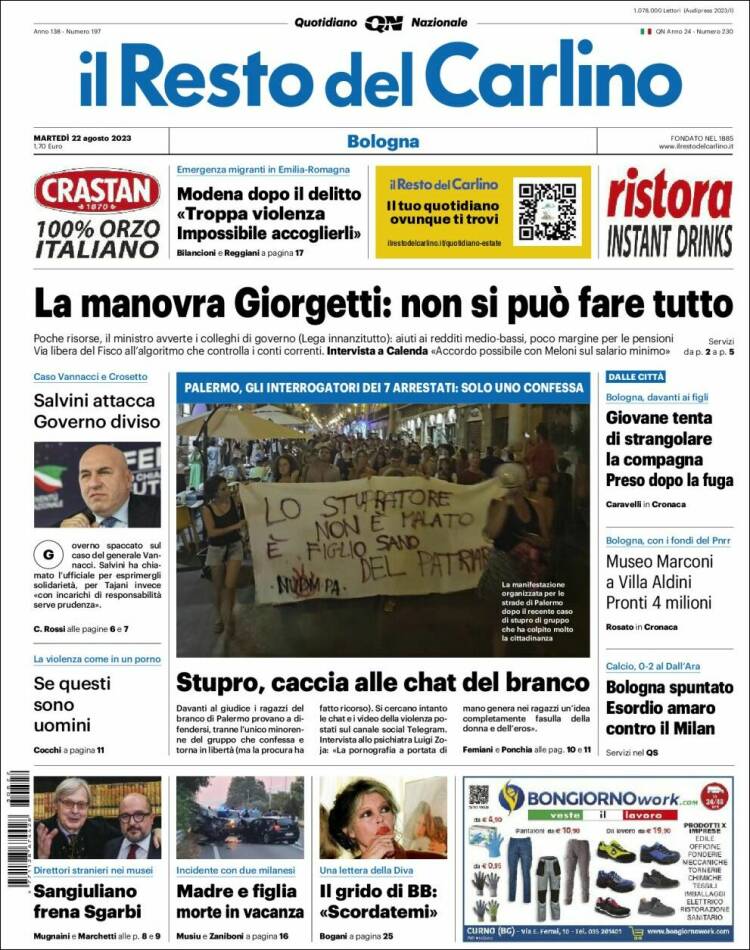 Portada de Il Resto del Carlino (Italia)