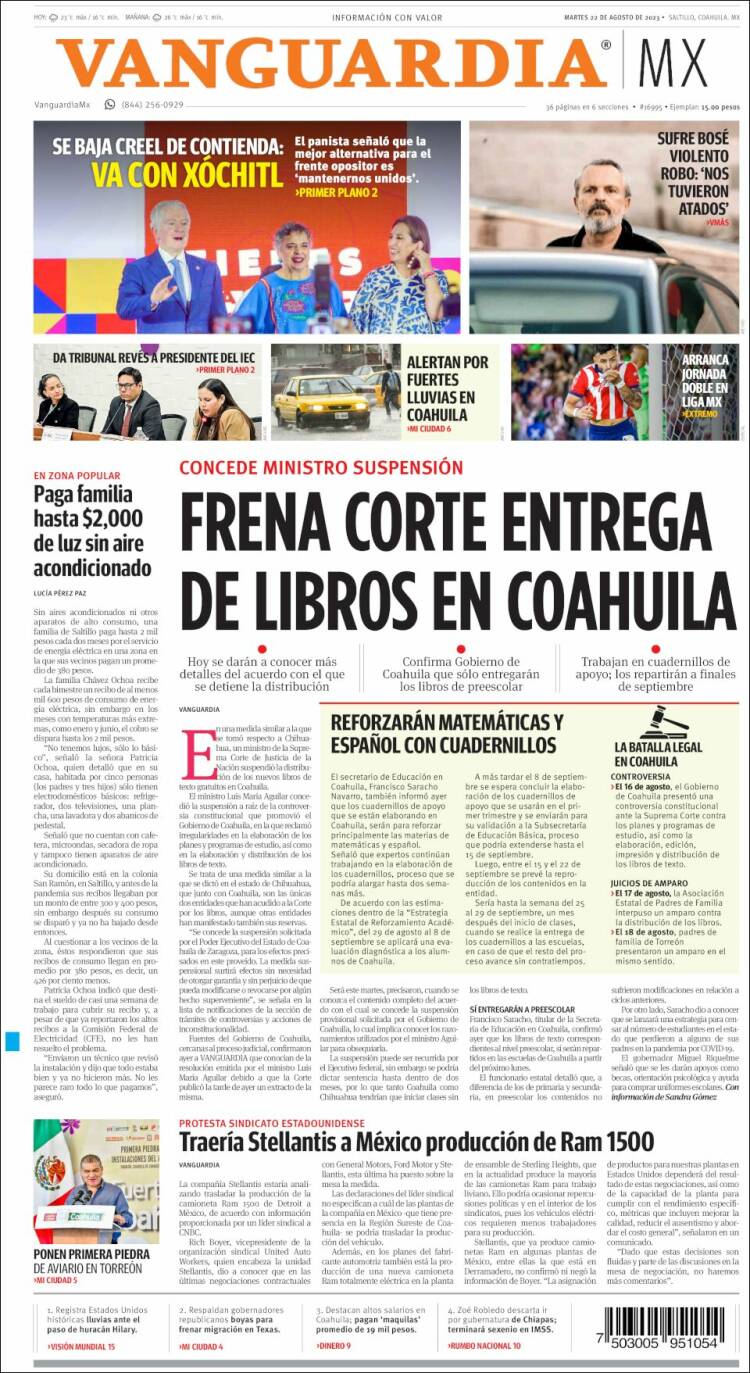 Portada de Vanguardia (M&eacute;xico)