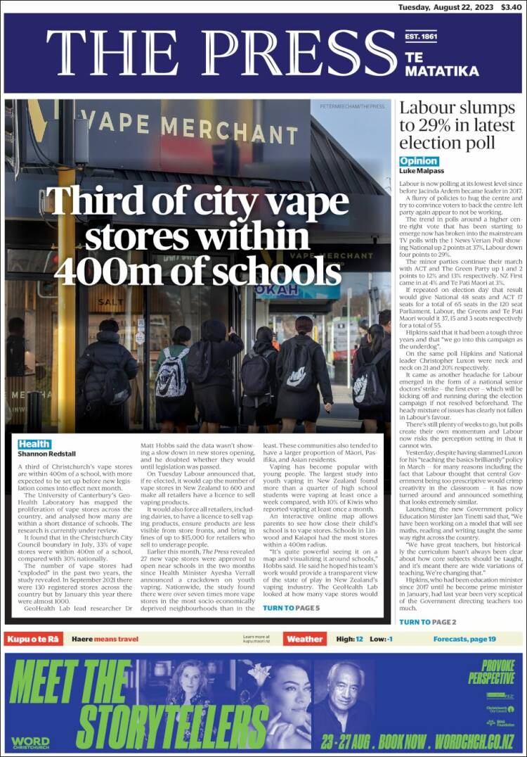 Portada de The Press (Nueva Zelanda)