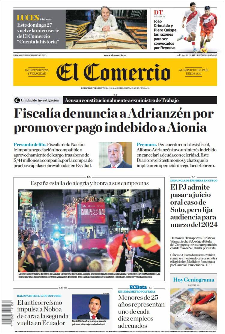 Portada de El Comercio (Per&uacute;)
