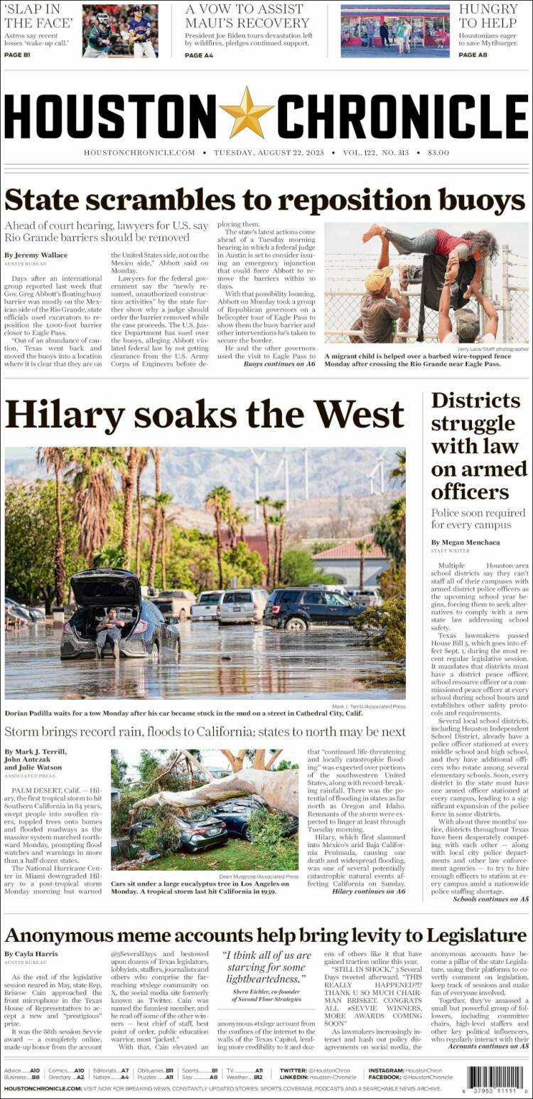 Portada de Houston Chronicle (USA)