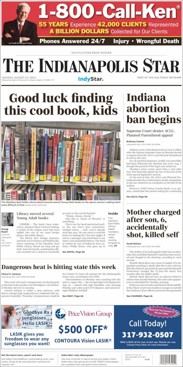 Portada de The Indianapolis Star (USA)
