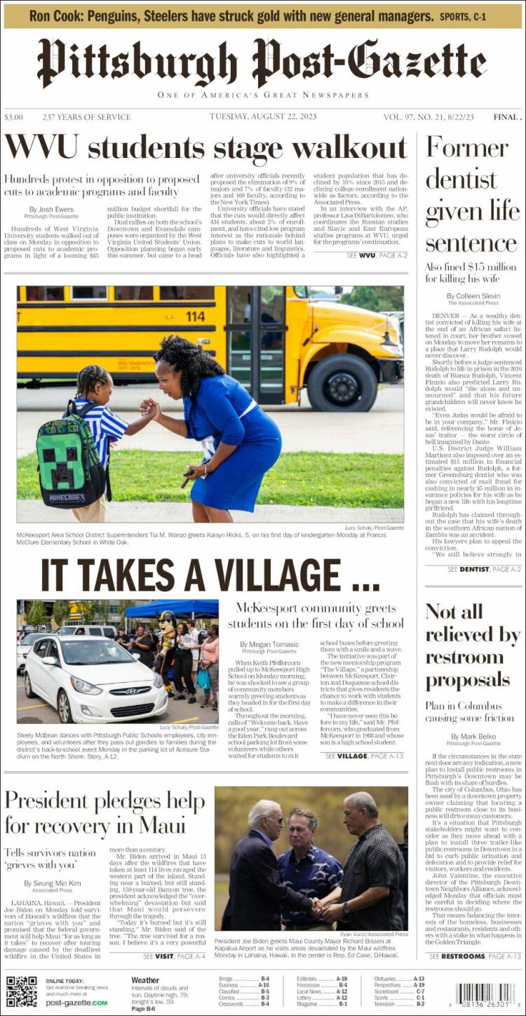 Portada de Pittsburgh Post-Gazette (USA)
