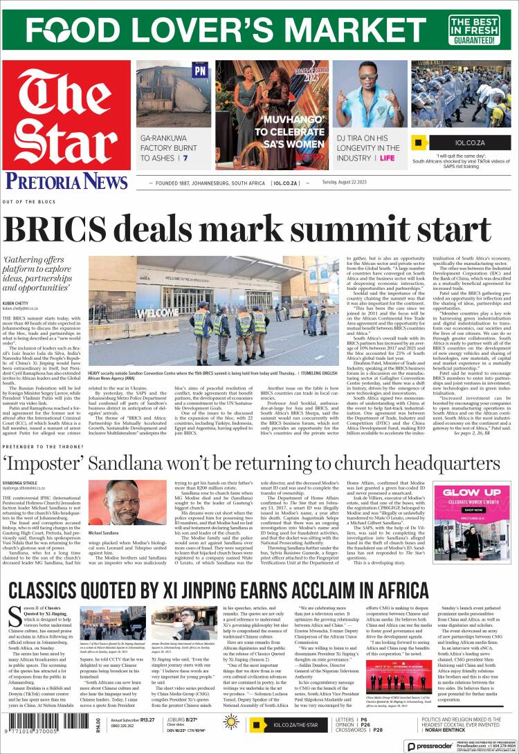 Portada de The Star (Sud&aacute;frica)