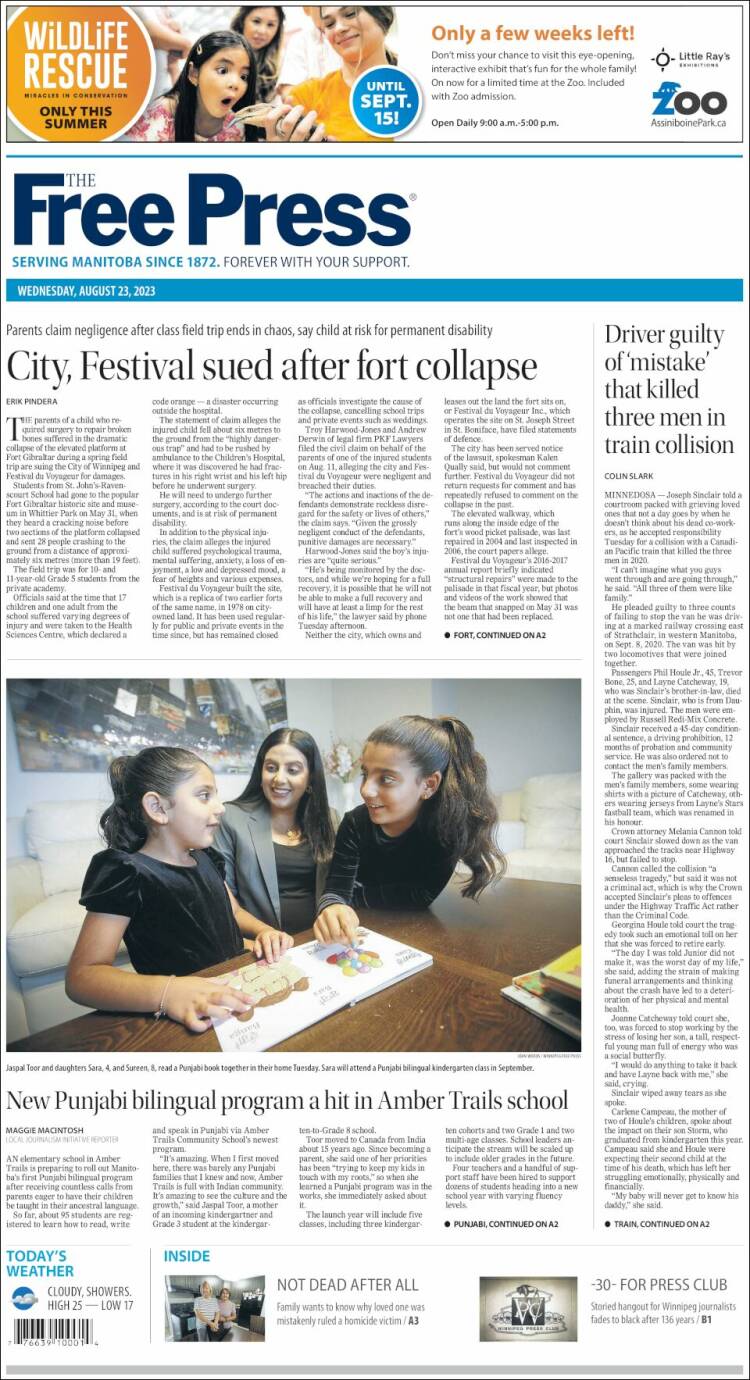 Portada de Winnipeg Free Press (Canadá)