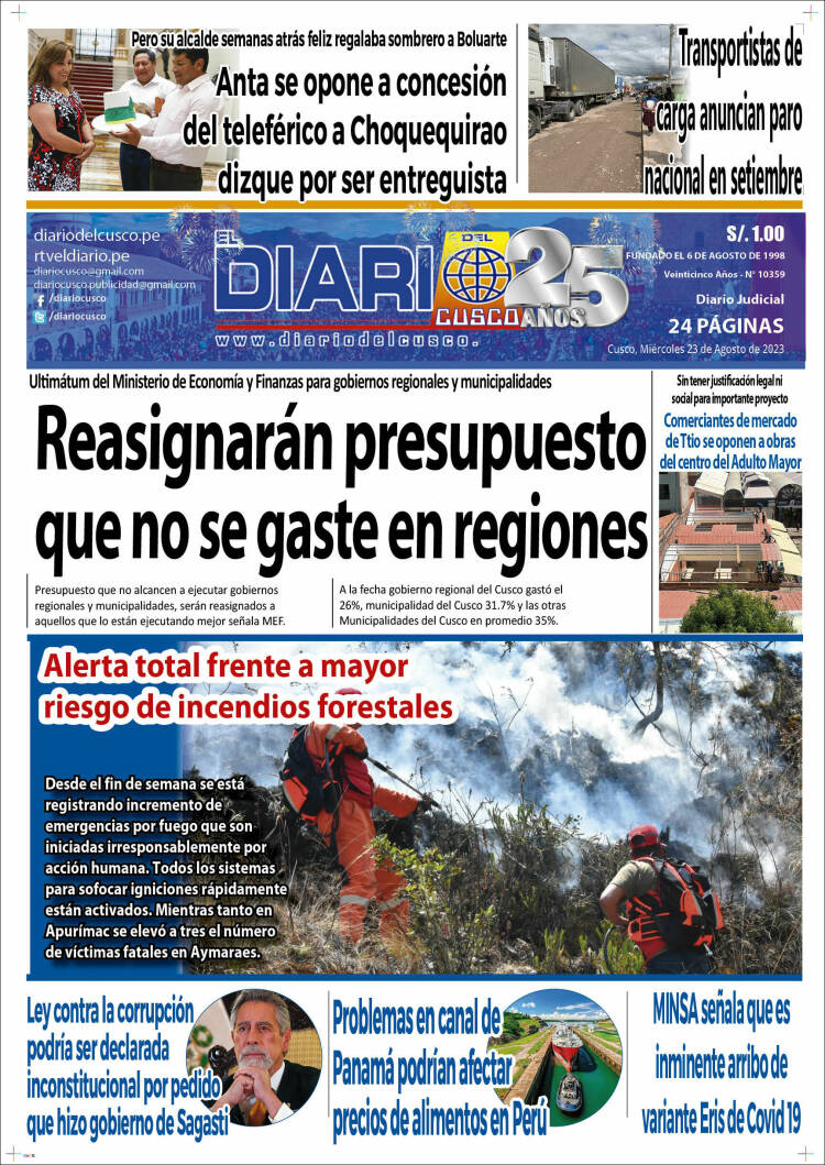 Portada de El Diario del Cusco (Perú)
