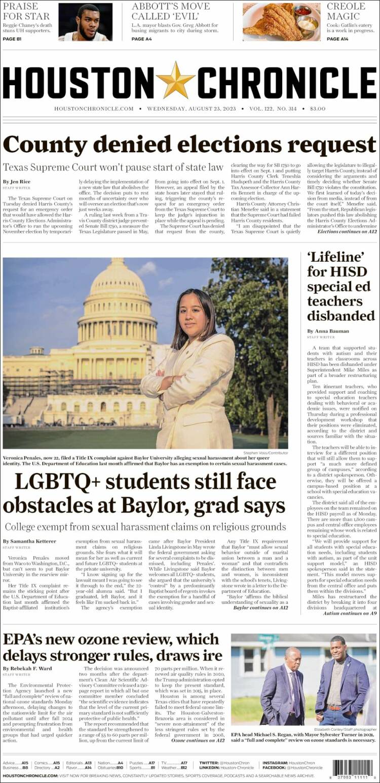Portada de Houston Chronicle (USA)
