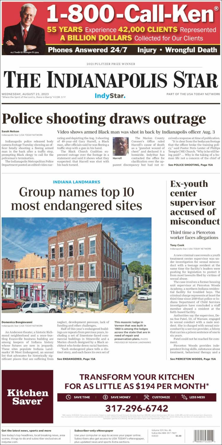 Portada de The Indianapolis Star (USA)