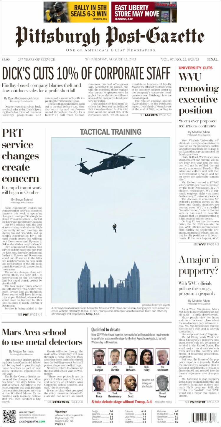 Portada de Pittsburgh Post-Gazette (USA)