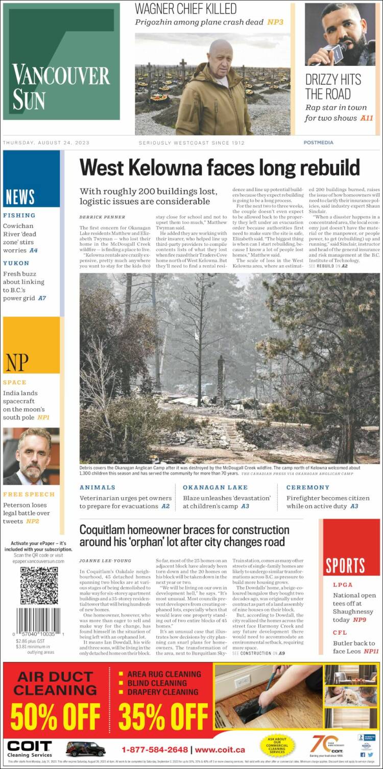 Portada de The Vancouver Sun (Canadá)