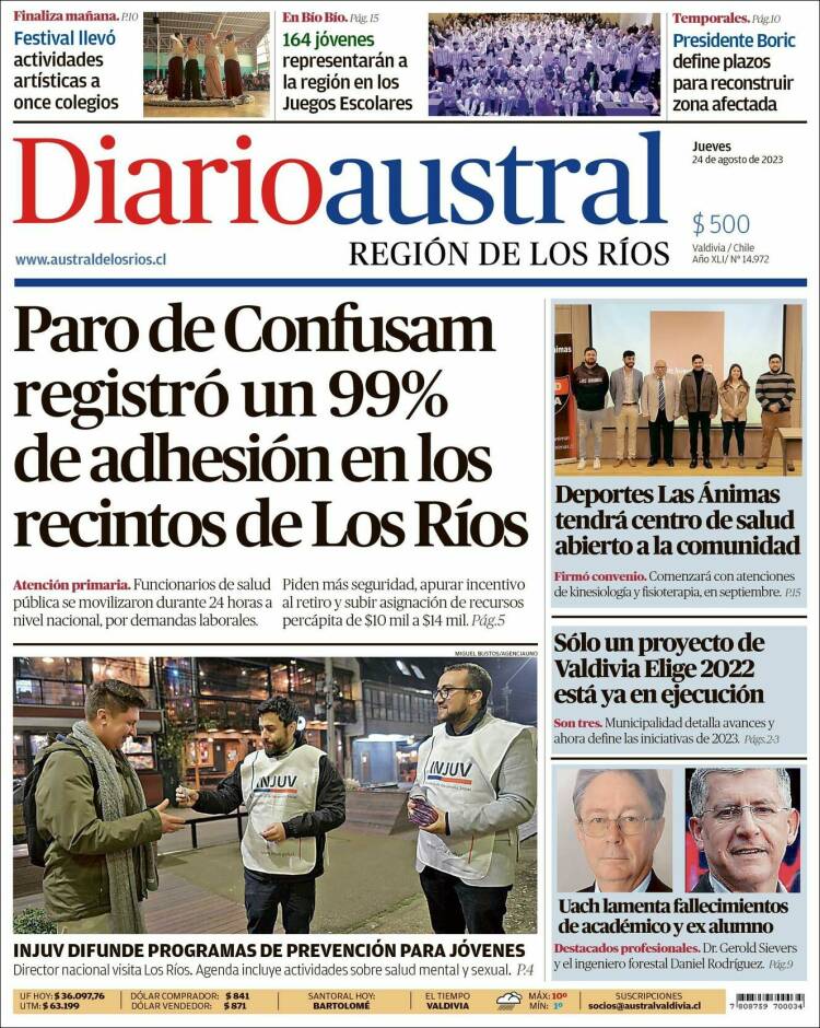Portada de El Diario Austral de Valdivia (Chile)