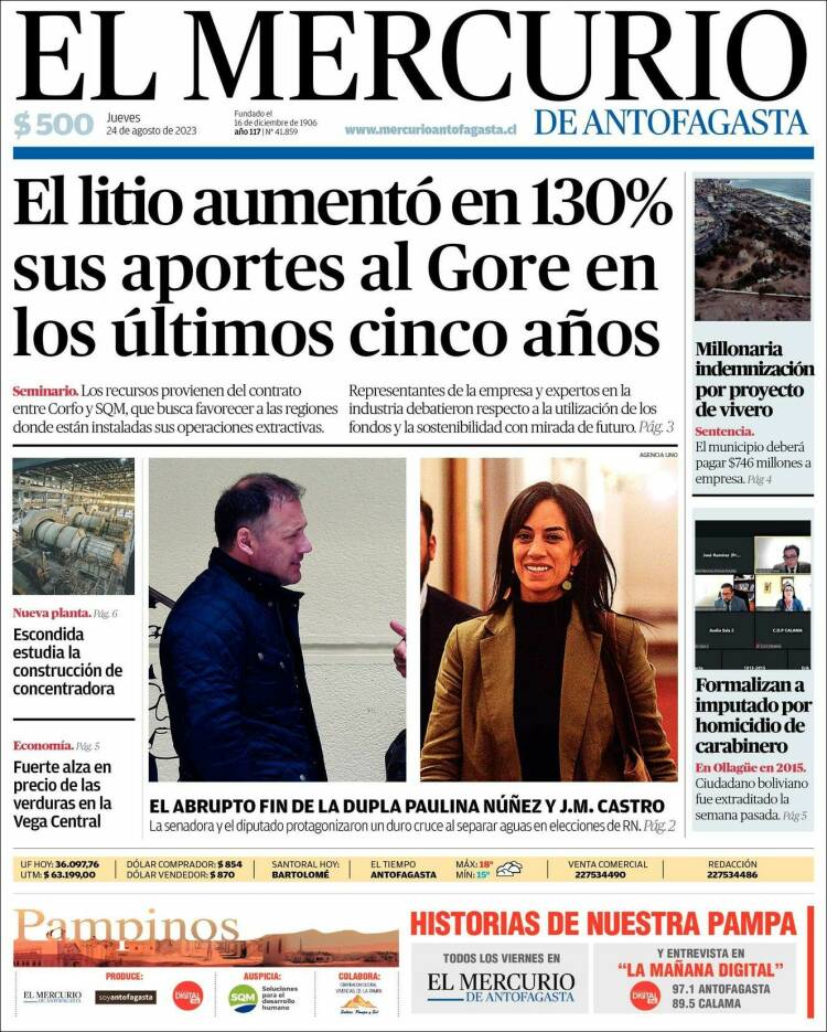 Portada de El Mercurio de Antofagasta (Chile)