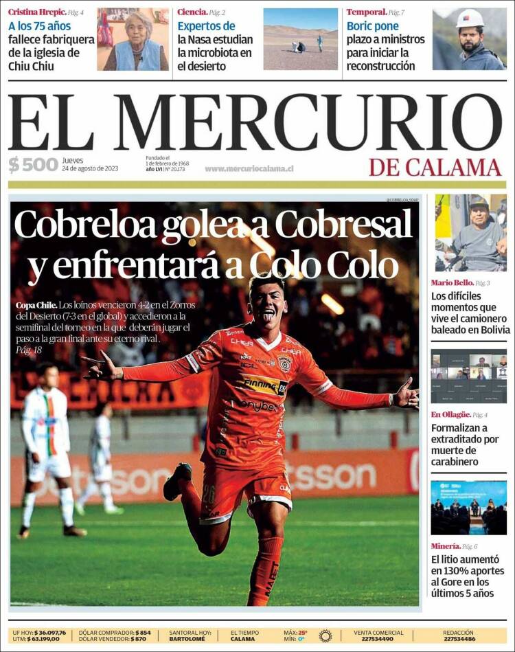 Portada de El Mercurio - Calama (Chile)