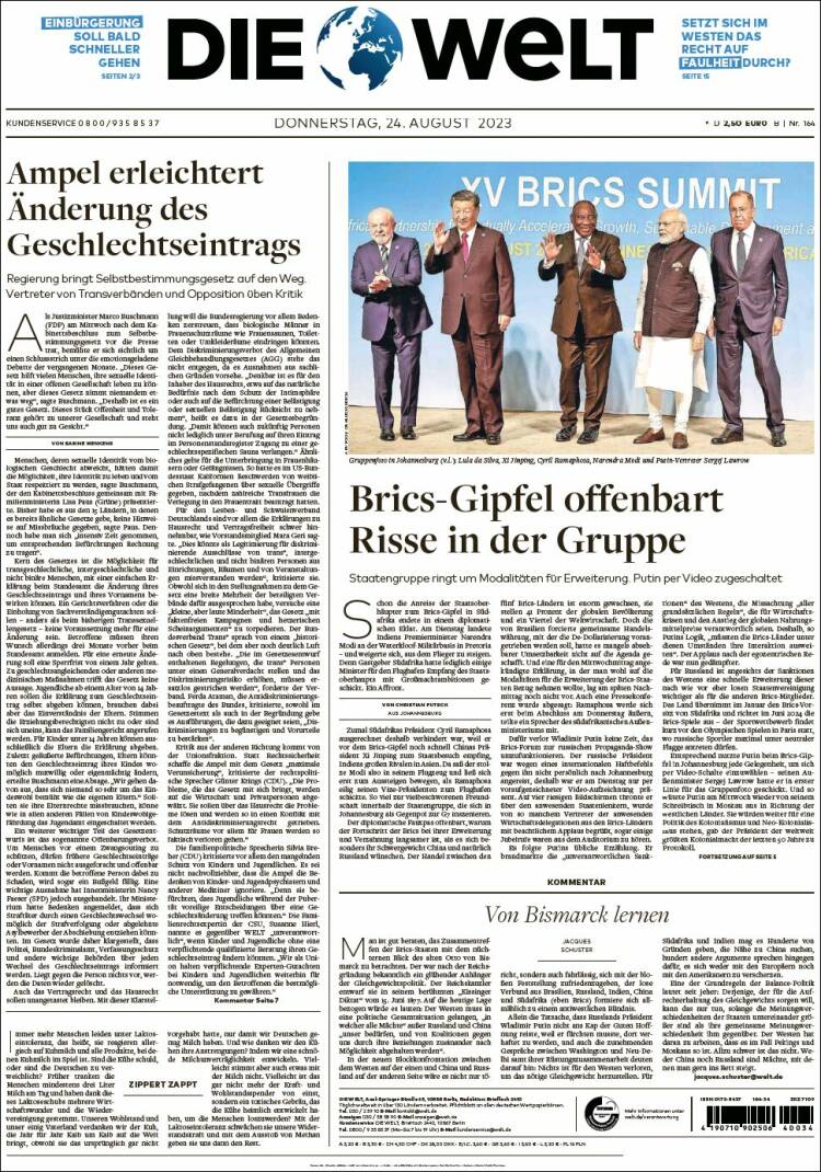 Portada de Die Welt (Alemania)