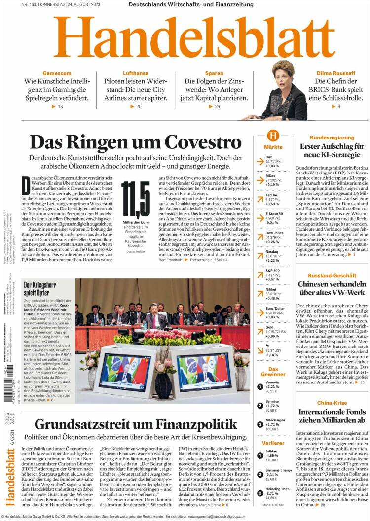 Portada de Handelsblatt (Alemania)