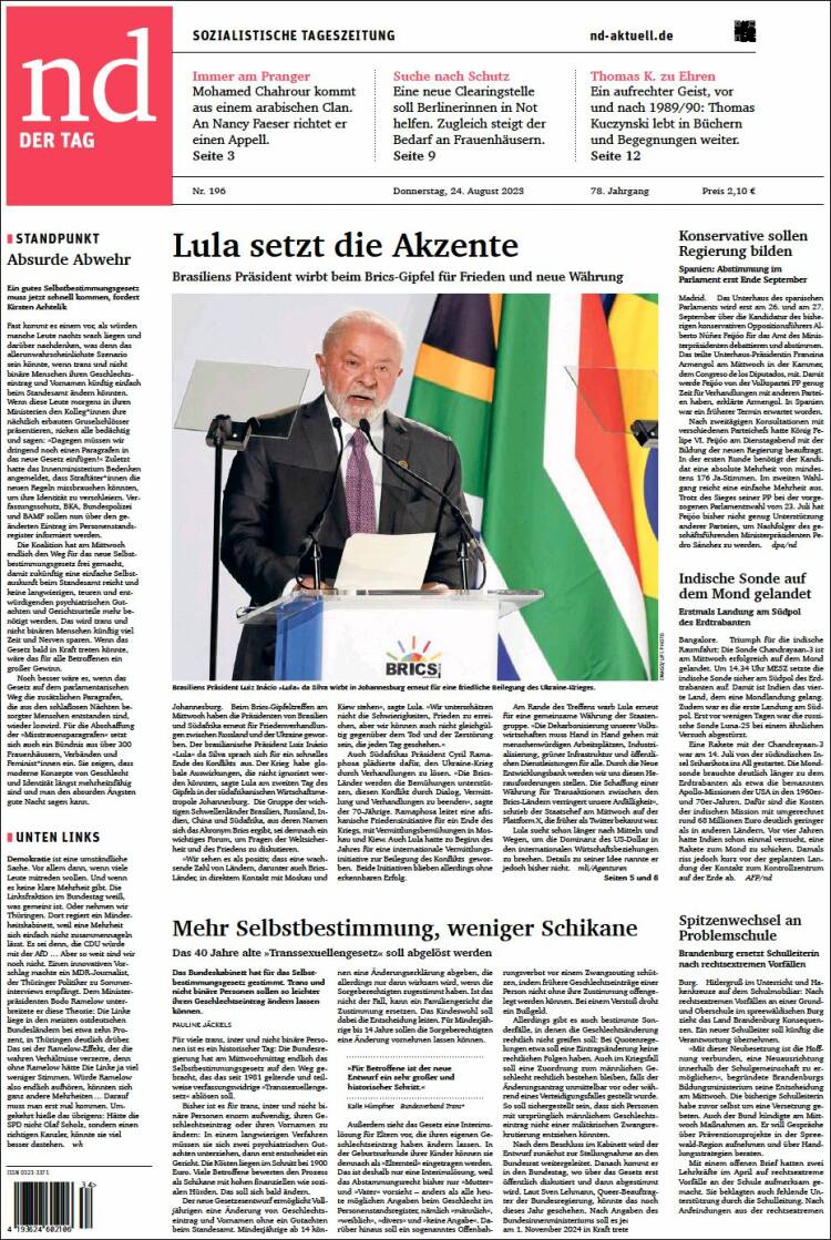 Portada de Neues Deutschland (Alemania)