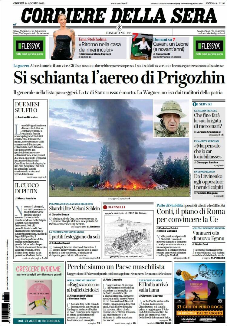 Portada de Corriere della Sera (Italia)