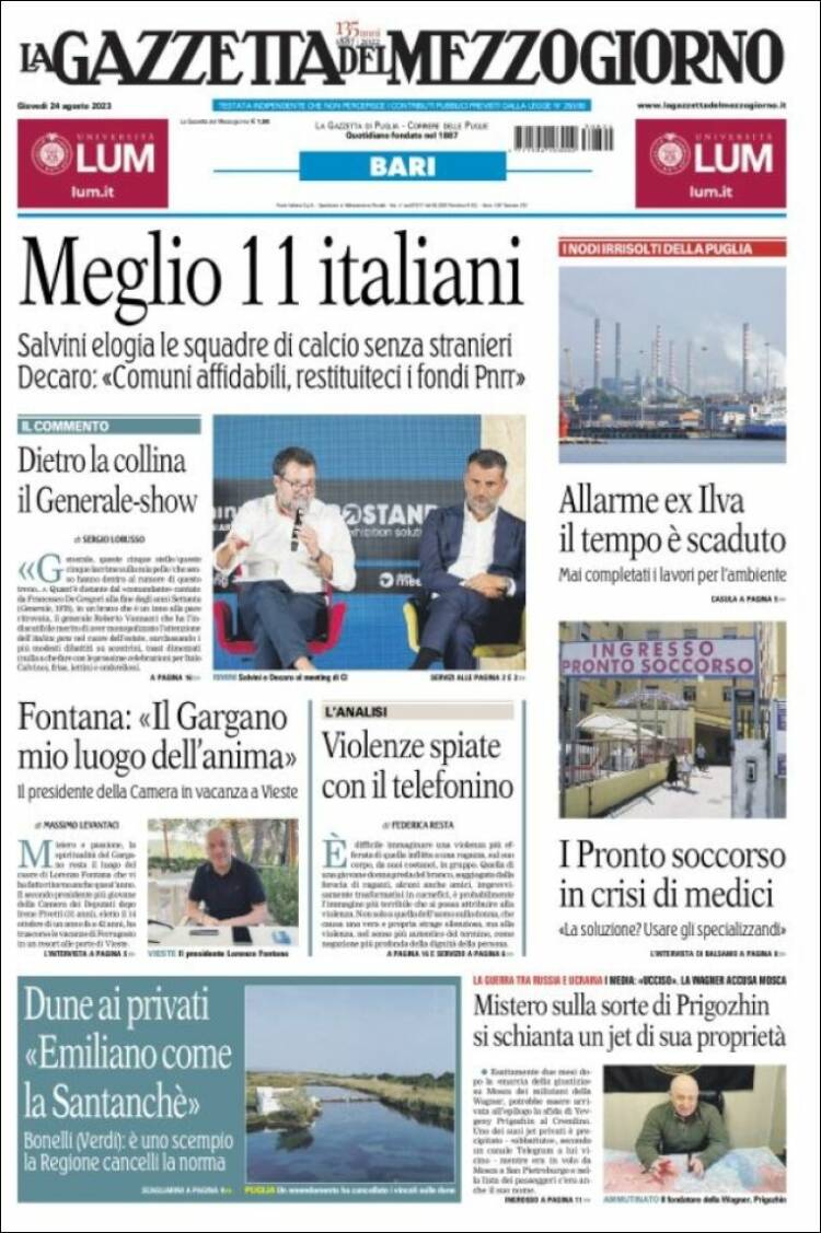 Portada de La Gazzetta del Mezzogiorno (Italia)
