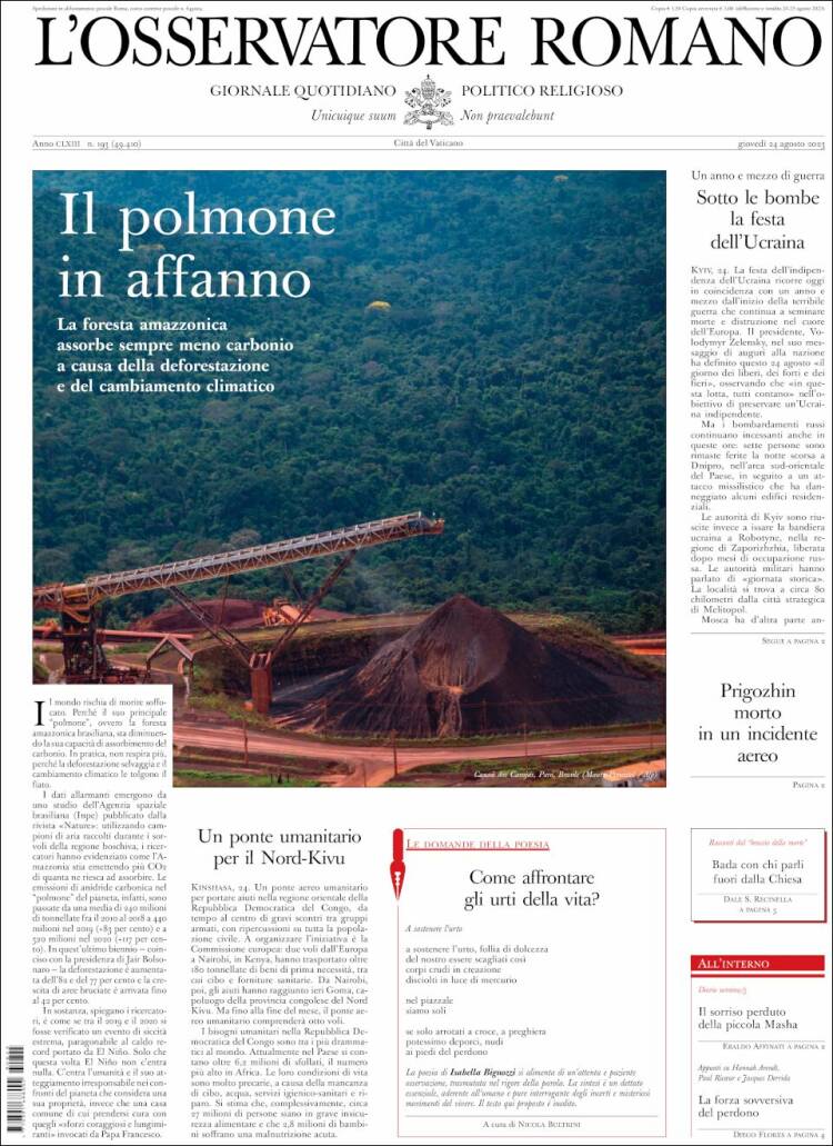 Portada de L'Osservatore Romano (Italia)