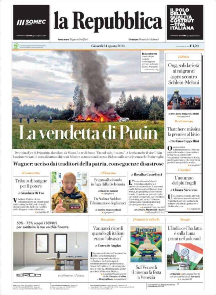 Portada de La Repubblica (Italia)