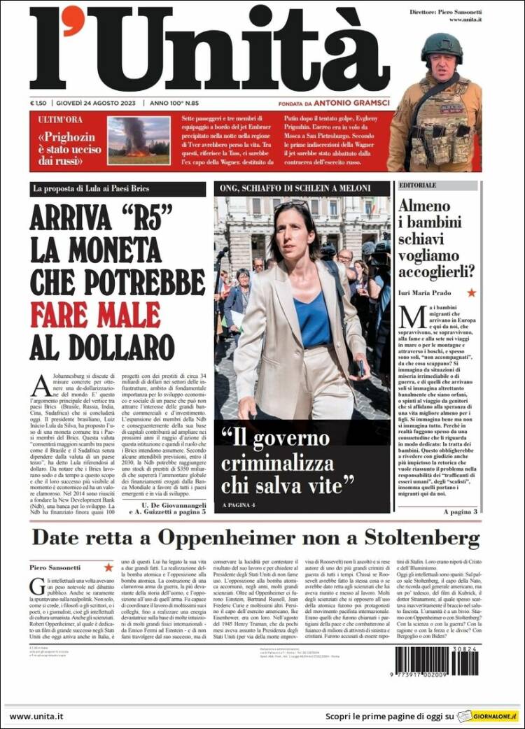 Portada de l'Unità (Italia)