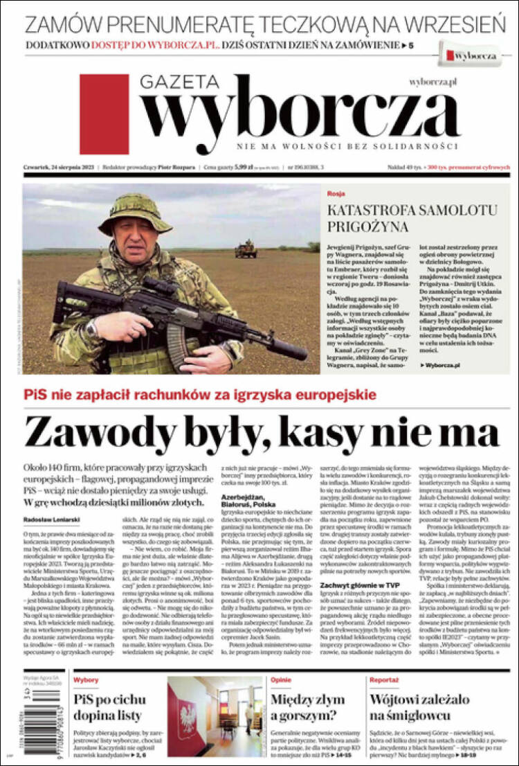 Portada de Gazeta Wyborcza (Polonia)