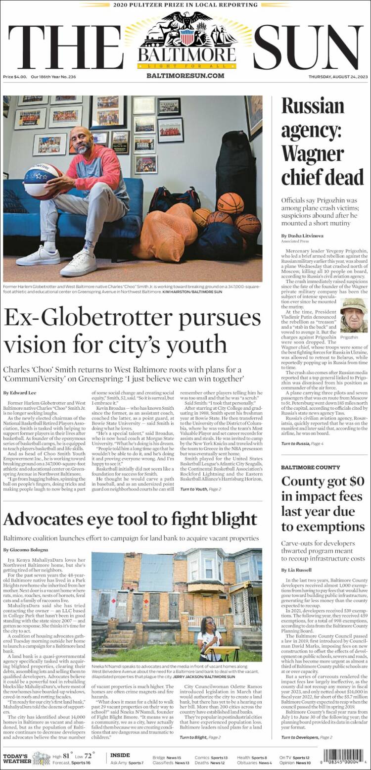 Portada de The Baltimore Sun (USA)