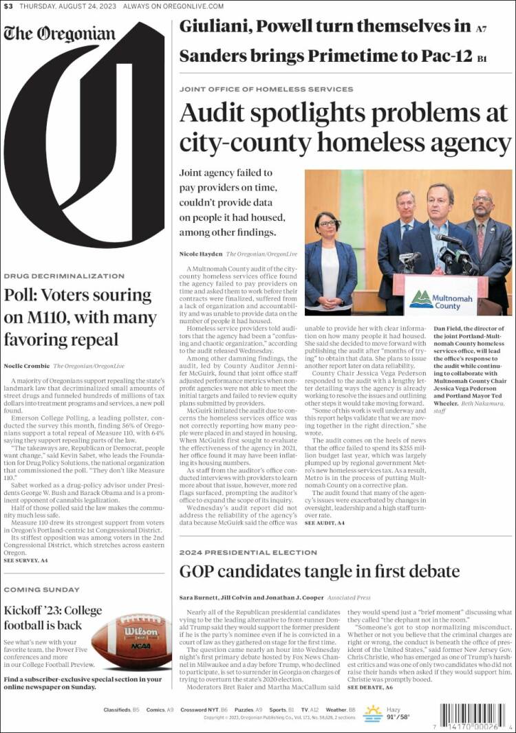 Portada de The Oregonian (USA)