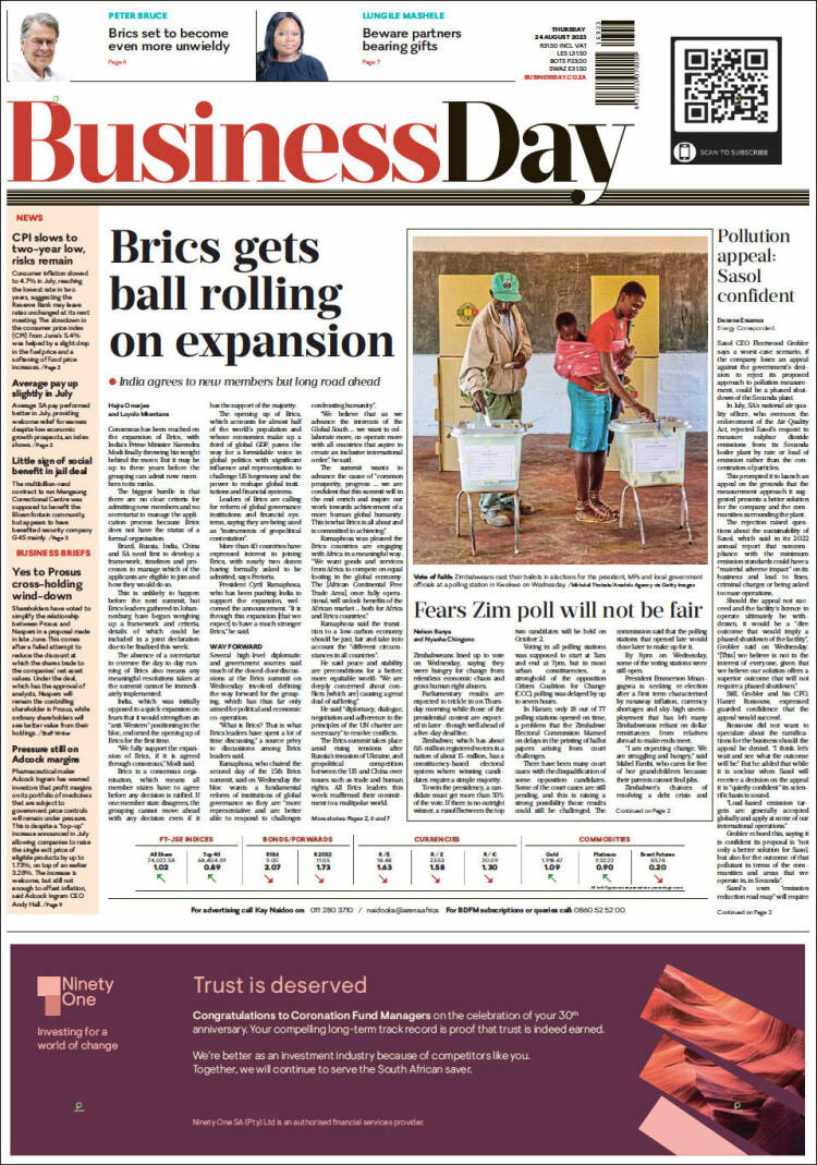 Portada de Business Day (Sud&aacute;frica)